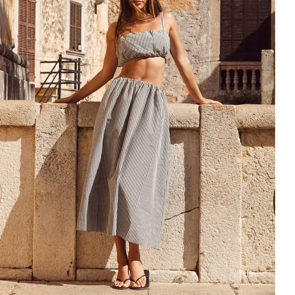FRENCH CONNECTION GINGHAM RUCHED WAIST MIDI SKIRT NWT